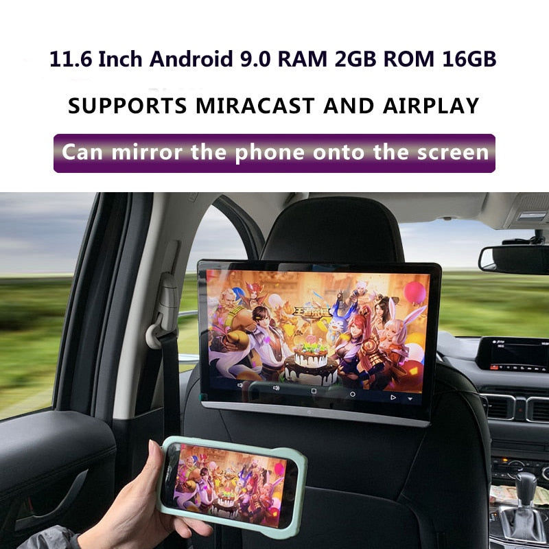 11.6 Inch Android 9.0 2GB+16GB 4K 1080P Touch Screen Car Headrest Monitor WIFI/Bluetooth/USB/SD/HDMI/FM/Miracast/Mirror Link