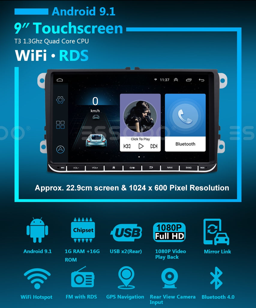 Essgoo 9'' Android 9.1 Autoradio 2GB/1GB RDS AM Car Radio GPS Navigation 2din WIFI BT Stereo Car Multimedia Player Universal