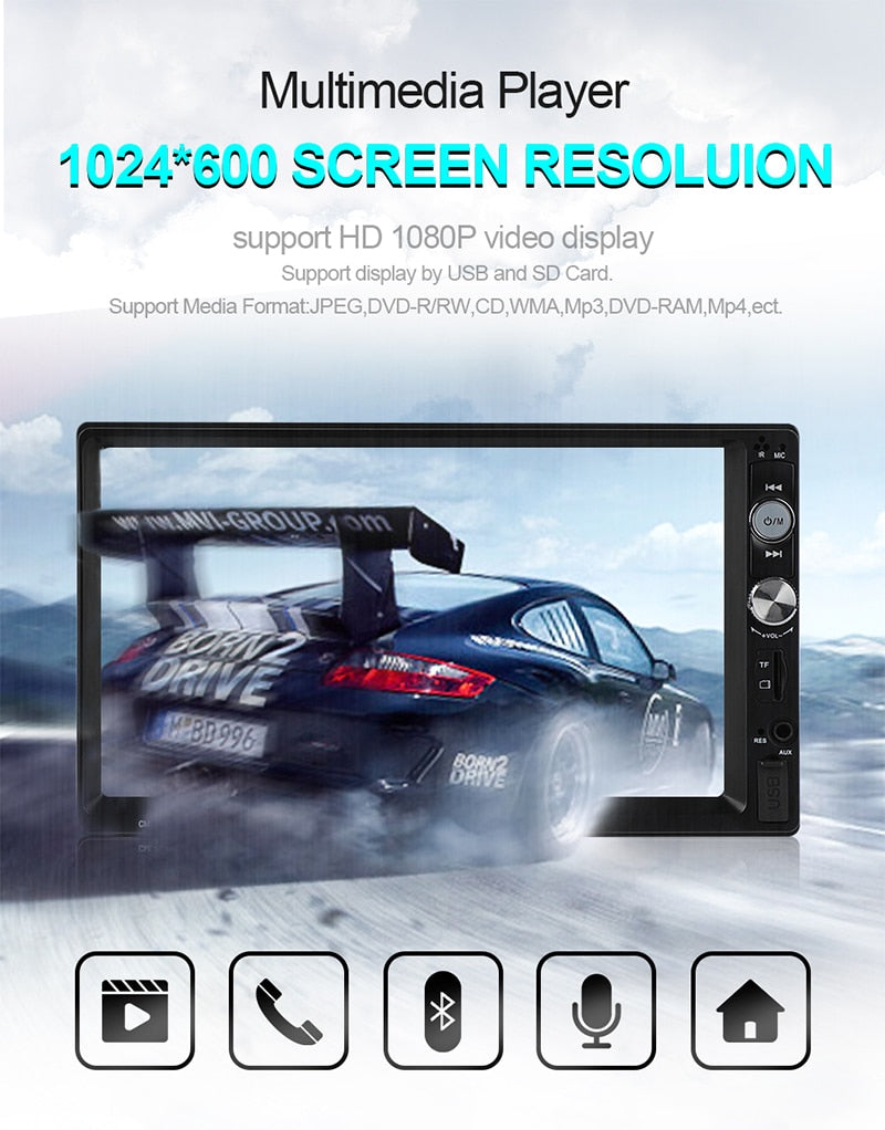 Double Din Bluetooth Car Stereo 7 Inch Car MP5 Player Digital Touch Screen  Display Multimedia FM Radio Receiver USB/AUX in/SD in 2 Din Autoradio Phone