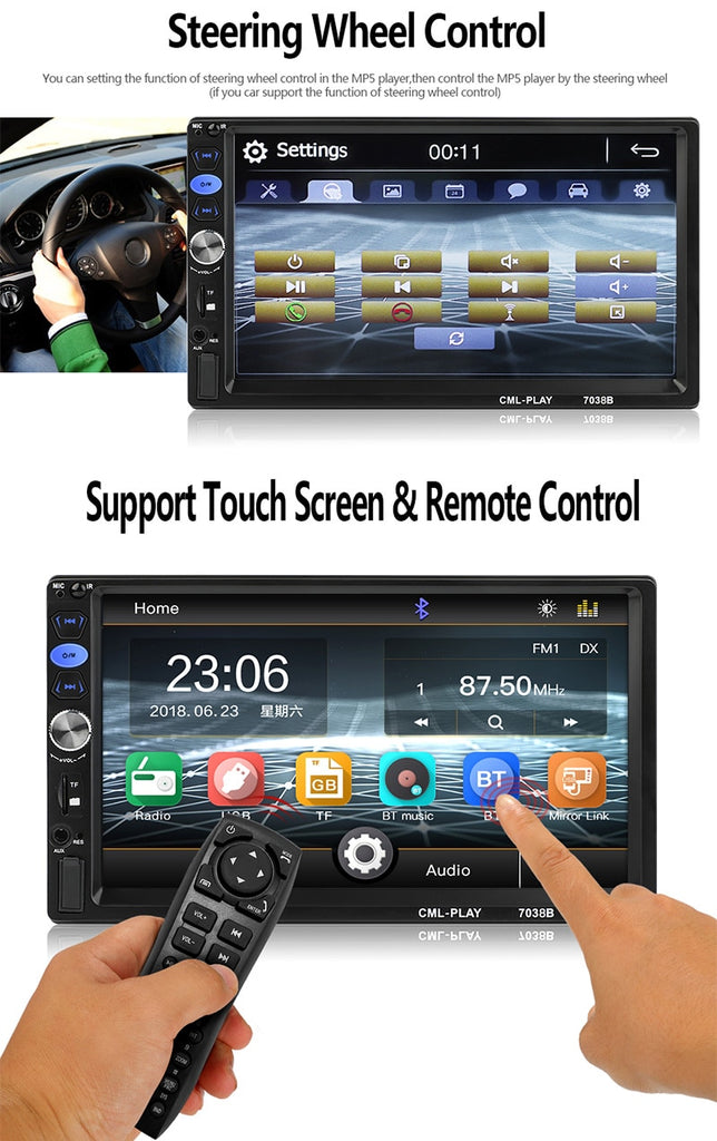 Autoradio 2 Din Car Audio Player 7" LCD Touch Screen Display Support Bluetooth Hands-free Steering Wheel Multimidia MP5 Player