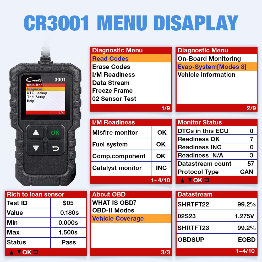 LAUNCH X431 CR3001 OBD2 scanner full OBDII EOBD Code Reader Car Diagnostic tool check engine light Free update pk cr319 ELM327