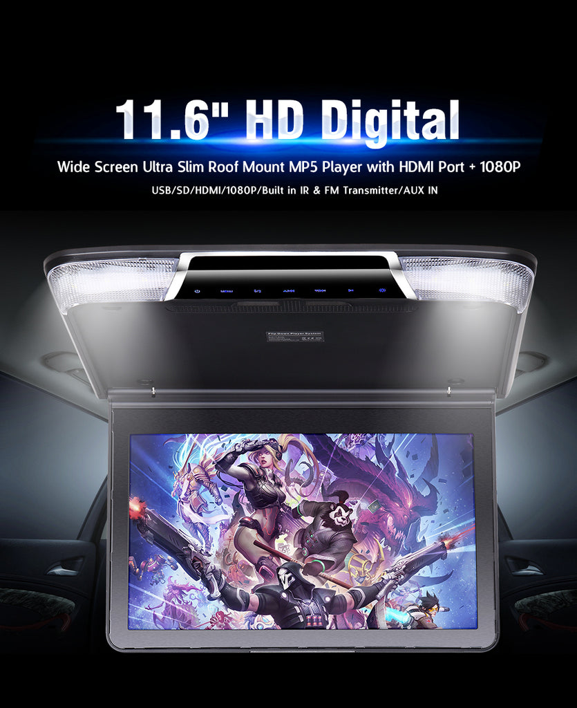 11.6 Inch Car Roof Mount Ceiling Flip Down Monitor with Full 1920x1080 Screen MP5 Player HDMI Port USB SD IR FM Transmitter