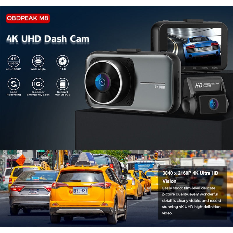 OBDPEAK M8 Car DVR Dash Cam 4K Ultra HD 3" Recording Car Camera