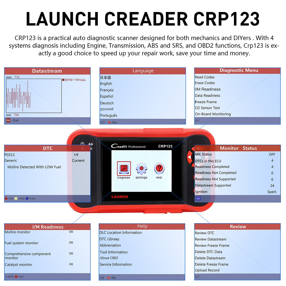 LAUNCH X431 CRP123 OBD2 EOBD car scannerABS Airbag