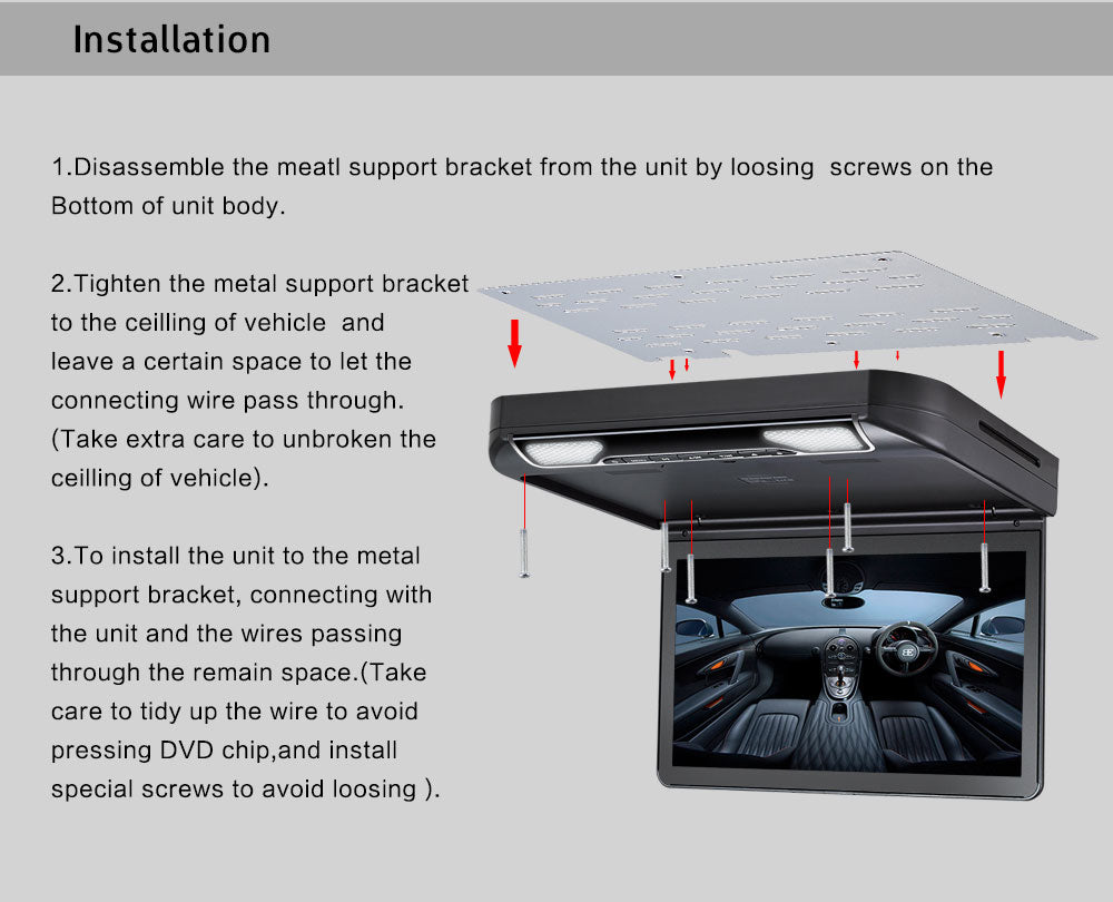 13.3 Inch Car Roof mount Monitor MP5 DVD Player Flip down 1080P Video HD Digital TFT Wide Screen USB/SD/HDMI Port/MP5/IR/FM