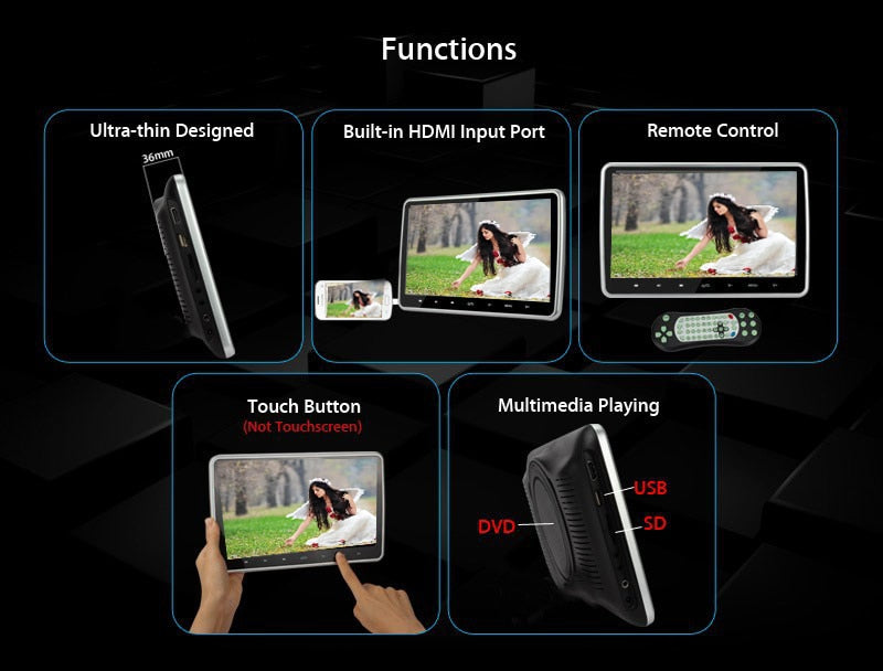 10.1 Inch 1024*600 Car Headrest Monitor DVD Player USB/SD/HDMI/IR/FM TFT LCD Screen Touch Button 32 Bit Game Remote Control