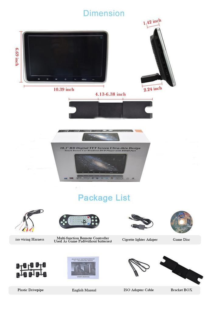 10.1 Inch 1024*600 Car Headrest Monitor DVD Player USB/SD/HDMI/IR/FM TFT LCD Screen Touch Button 32 Bit Game Remote Control