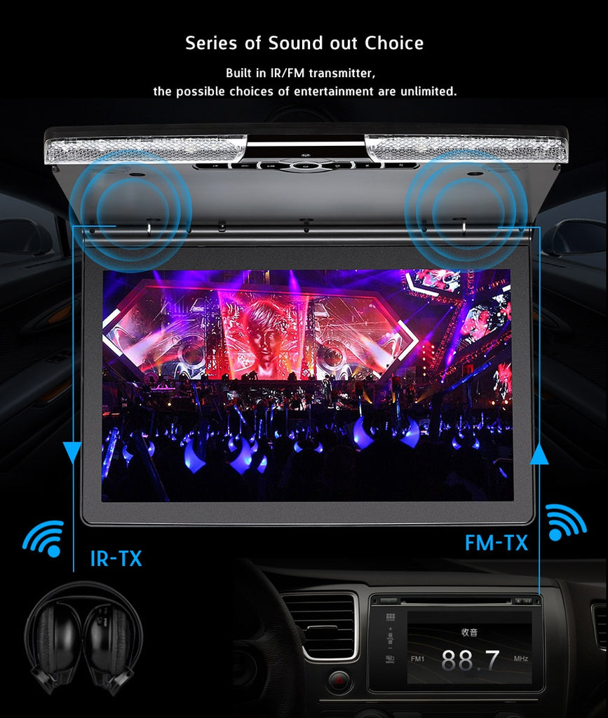 17.3 Inch Car Ceiling Monitor 1920x1080 MP5 Flip Down Roof Mount Car DVD Player