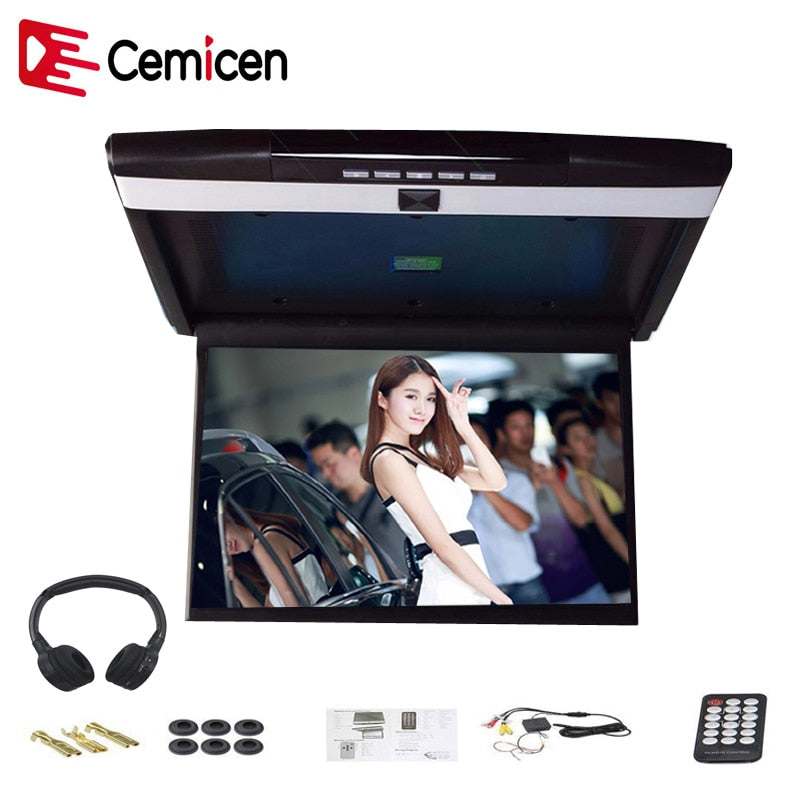 15.6 Inch Car Roof Flip Down Mount Monitor LED Display Support IR FM Transmitter USB SD HDMI Port Built-In Speaker