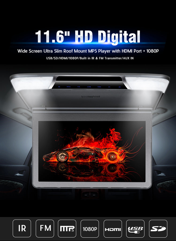 11.6 Inch Car Flip Down Roof Mount Ceiling Monitor with Full HD 1920x1080P Screen HDMI Port USB SD IR FM MP5 Video Player