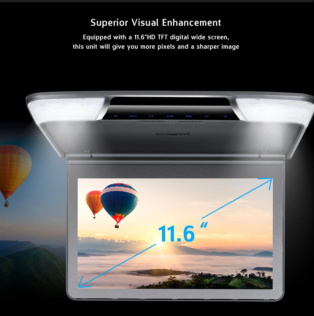 11.6 Inch Car Flip Down Roof Mount Ceiling Monitor with Full HD 1920x1080P Screen HDMI Port USB SD IR FM MP5 Video Player