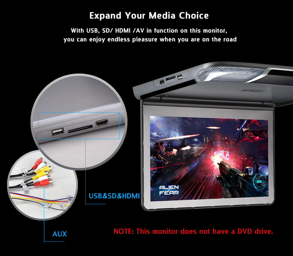 11.6 Inch Car Flip Down Roof Mount Ceiling Monitor with Full HD 1920x1080P Screen HDMI Port USB SD IR FM MP5 Video Player