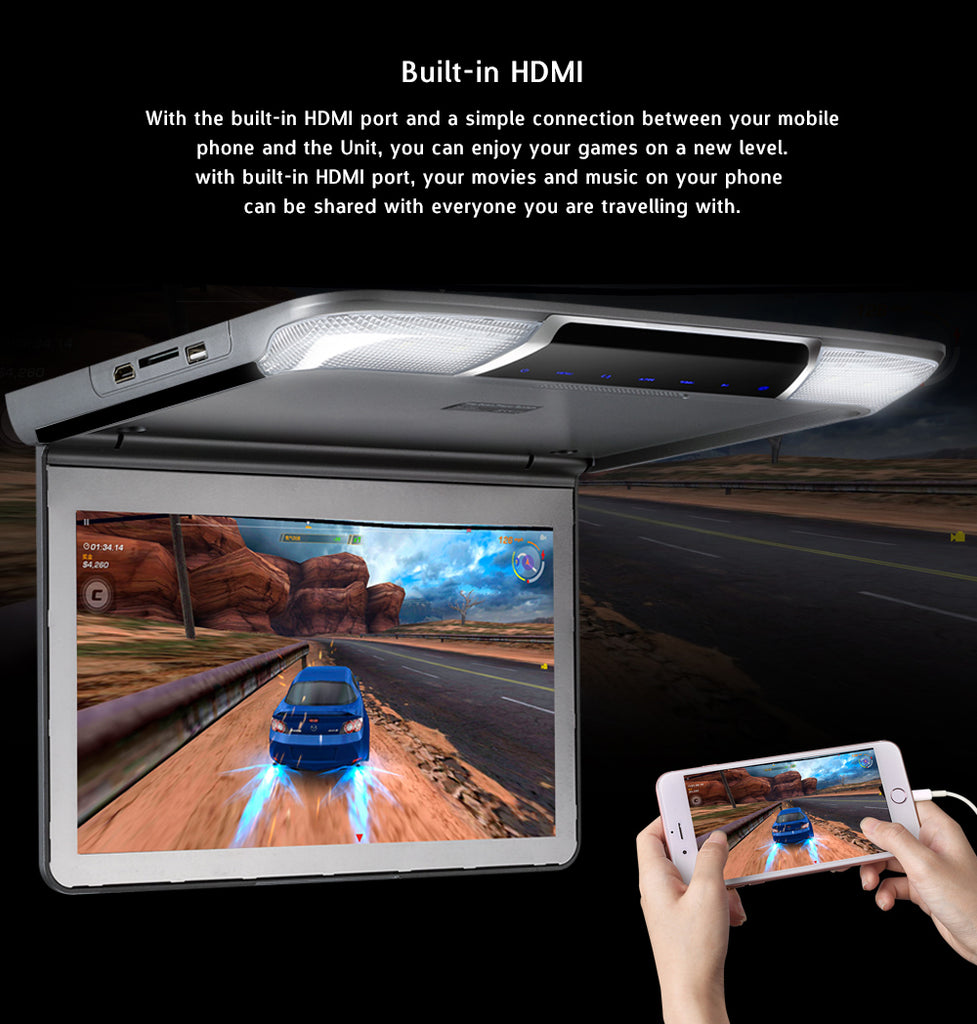 11.6 Inch Car Flip Down Roof Mount Ceiling Monitor with Full HD 1920x1080P Screen HDMI Port USB SD IR FM MP5 Video Player